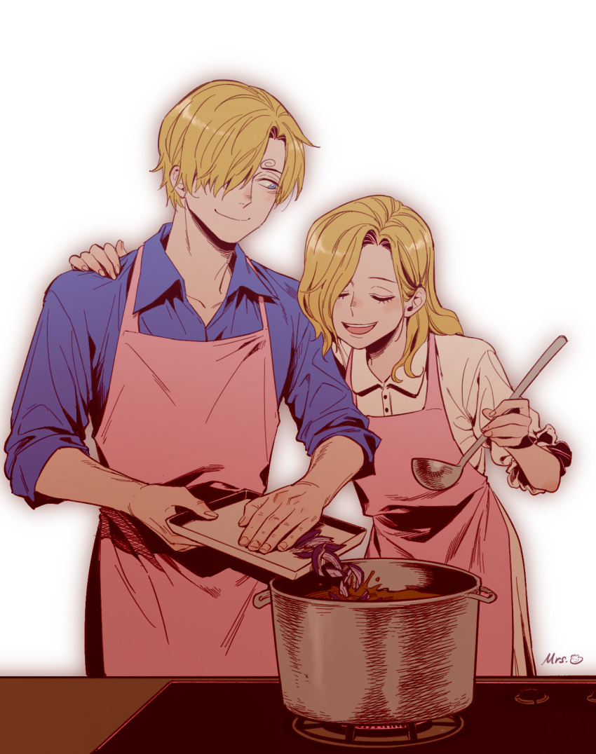 1boy 1girl apron arm_around_shoulder artist_name blonde_hair blue_eyes blue_shirt blush closed_eyes closed_mouth collared_shirt cooking cooking_pot counter curly_eyebrows eyelashes food frilled_sleeves frills hair_over_one_eye hand_on_another's_shoulder highres holding holding_ladle holding_tray ladle long_hair looking_at_another looking_to_the_side mother_and_son mrs.custard one-armed_hug one_eye_covered one_piece open_mouth parted_bangs pink_apron sanji_(one_piece) shirt short_hair simple_background sleeves_rolled_up smile standing stove teeth tray upper_teeth_only vinsmoke_sora white_background white_shirt wing_collar