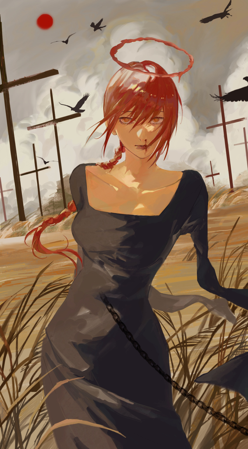 1girl absurdres amputee armless_amputee bird black_dress blood braid braided_ponytail chain chainsaw_man cross crow double_amputee dress field graveyard halo highres looking_at_viewer makima_(chainsaw_man) medium_hair nosebleed qii_yu red_halo redhead ringed_eyes solo tombstone yellow_eyes