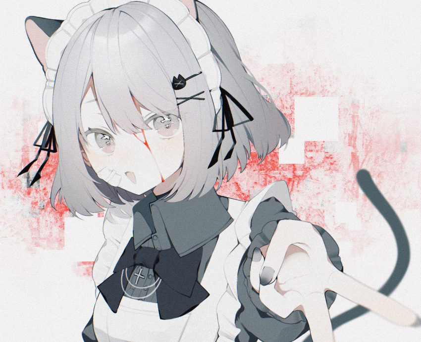 1girl animal_ears apron black_bow black_bowtie blood blood_on_face bow bowtie cat_ears cat_girl cat_hair_ornament cat_tail commentary cross cross_necklace dress grey_dress grey_eyes grey_hair grey_nails hair_ornament hairclip highres jewelry maid maid_headdress necklace nekosa open_mouth original short_hair smile solo tail v white_apron x_hair_ornament