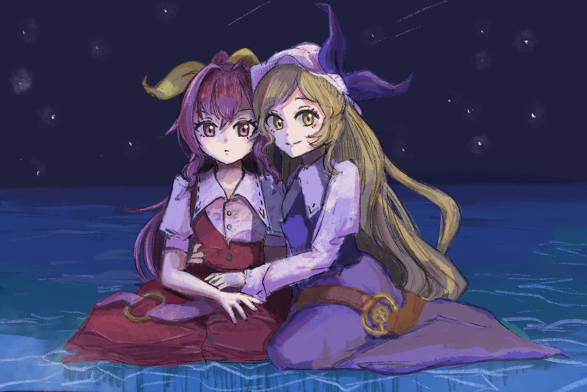 2girls blonde_hair bow breasts closed_mouth dress expressionless hair_bow hair_intakes hat hat_bow highres horizon long_hair long_sleeves looking_at_viewer multiple_girls night night_sky partially_submerged puffy_short_sleeves puffy_sleeves purple_bow purple_dress purple_hair red_dress short_sleeves siblings silent_siren sisters sky small_breasts smile star_(sky) swept_bangs touhou very_long_hair violet_eyes watatsuki_no_toyohime watatsuki_no_yorihime water yellow_bow yellow_eyes