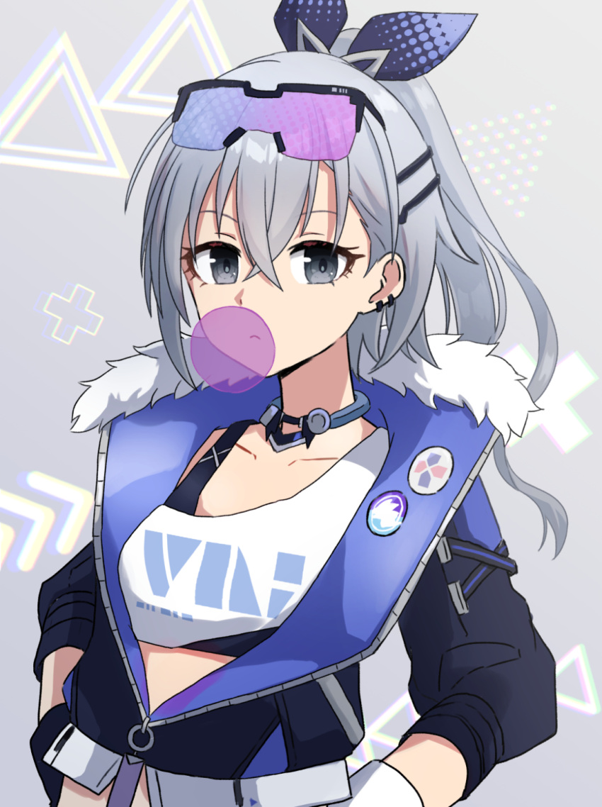 1girl breasts chewing_gum closed_mouth commentary_request earrings eyewear_on_head grey_eyes grey_hair hair_between_eyes hand_in_pocket high_ponytail highres honkai:_star_rail honkai_(series) jacket jewelry long_sleeves looking_at_viewer open_clothes open_jacket silver_wolf_(honkai:_star_rail) simple_background small_breasts solo sports_bra upper_body yyukisnow