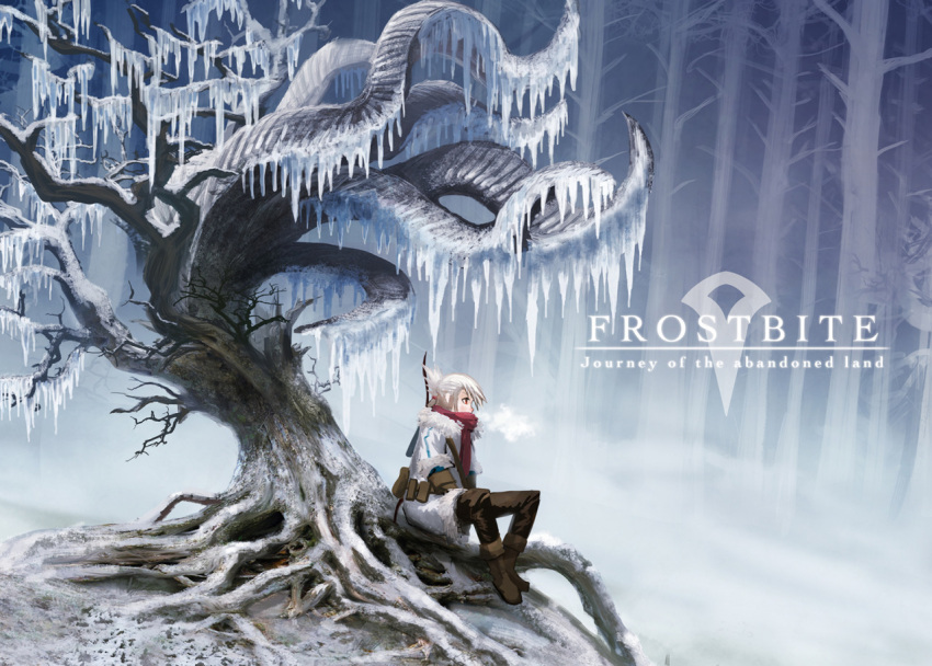 1girl boots bow_(weapon) breath copyright_name english_text fog folded_ponytail forest ginho ice icicle jacket nature original pants red_scarf scarf snow solo tree weapon white_hair white_jacket wide_shot winter