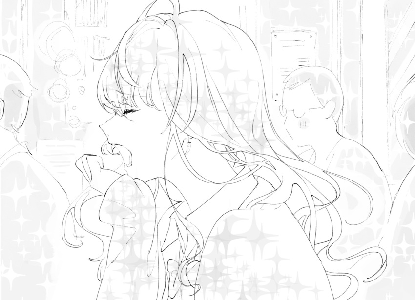 1girl 3others ahoge bow bowtie cardigan classroom closed_eyes collared_shirt expressionless greyscale head_rest ichinose_shiki idolmaster idolmaster_cinderella_girls indoors long_hair loose_bowtie monochrome multiple_others nininiwa2 open_mouth shirt sketch sleeves_past_wrists solo_focus sparkle wavy_hair yawning