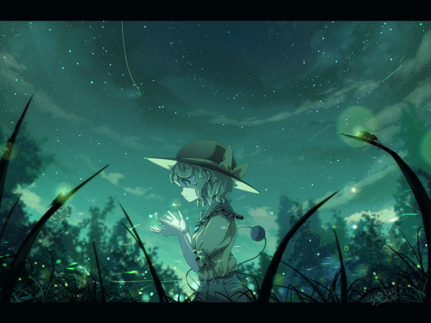 1girl black_headwear blush bow bug buttons clouds collared_shirt commentary diamond_button facing_to_the_side fireflies firefly forest frilled_shirt_collar frilled_sleeves frills from_side grass green_eyes green_hair green_skirt hands_up hat hat_bow highres komeiji_koishi looking_down meadow nature night night_sky noumin_joemanyodw open_hands outdoors parted_lips puffy_short_sleeves puffy_sleeves scenery shirt short_hair short_sleeves skirt sky solo star_(sky) starry_sky third_eye touhou tree upper_body yellow_bow yellow_shirt
