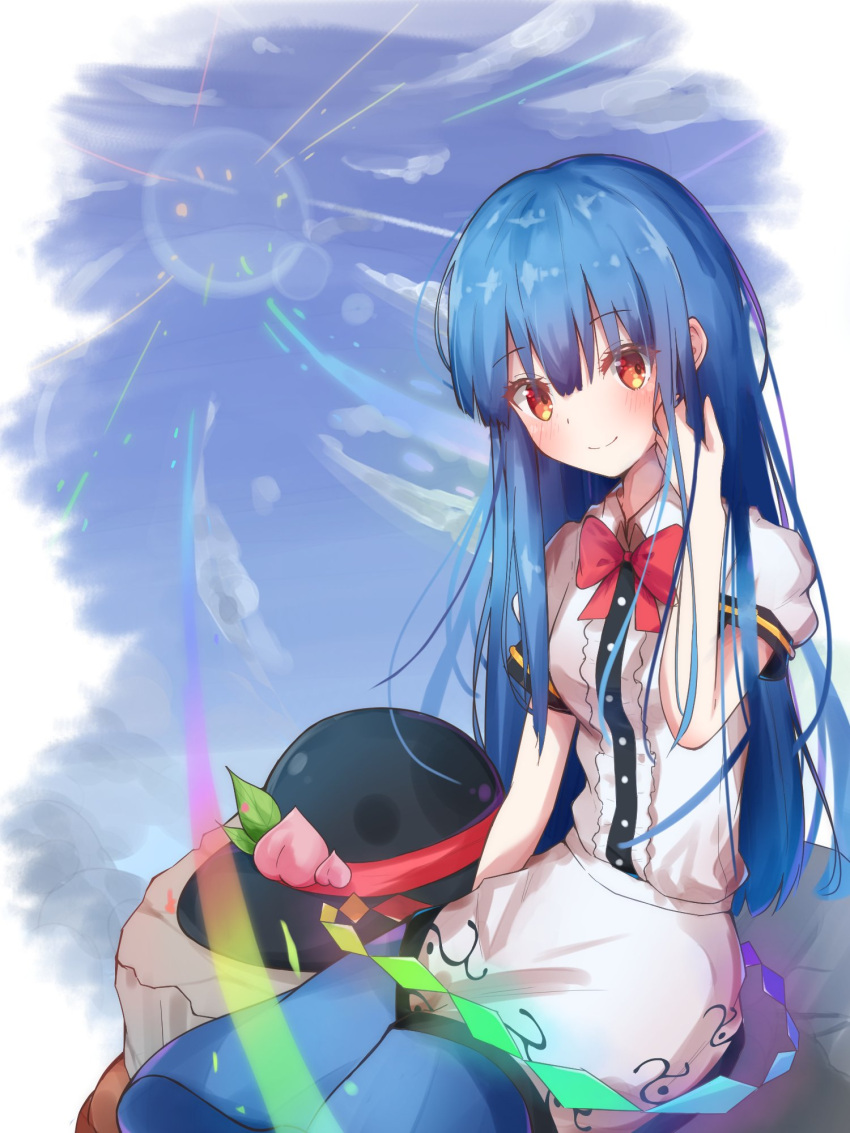 1girl black_headwear blue_hair blue_skirt blue_sky bow bowtie center_frills closed_mouth collared_shirt commentary_request food frills fruit hand_in_own_hair highres hinanawi_tenshi keystone leaf long_hair looking_at_viewer matcha_yado outdoors peach rainbow_gradient red_bow red_bowtie red_eyes shirt short_sleeves sitting skirt sky smile solo touhou