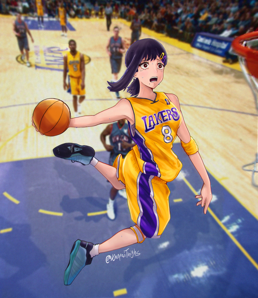 1girl absurdres armband ball basketball basketball_(object) basketball_court basketball_hoop basketball_jersey basketball_uniform black_hair blurry blurry_background chainsaw_man commentary cosplay crypto.com_arena english_commentary hair_ornament hairclip higashiyama_kobeni highres holding holding_ball jersey jumping kanpaithighs kobe_bryant kobe_bryant_(cosplay) los_angeles_lakers medium_hair mole mole_under_eye mole_under_mouth multiple_moles name_connection national_basketball_association nervous open_mouth photo-referenced photo_background playing_sports pun real_life shoes short_ponytail shorts side_ponytail slam_dunk_(basketball) sneakers solo_focus sportswear sweatband twitter_username yellow_shorts