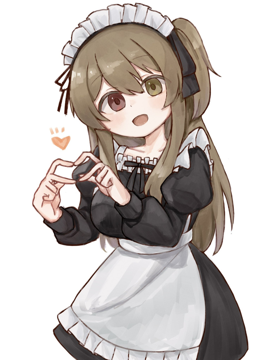 1girl :d apron assault_lily black_dress black_ribbon breasts brown_hair commentary_request cowboy_shot dress frilled_apron frilled_dress frills hair_between_eyes hair_ribbon hands_up head_tilt heart heart_hands heterochromia highres juliet_sleeves kuo_shenlin light_blush long_hair long_sleeves looking_at_viewer maid maid_day maid_headdress medium_breasts neck_ribbon one_side_up open_mouth puffy_sleeves red_eyes ribbon sidelocks simple_background smile solo standing waist_apron white_apron white_background yellow_eyes yubari_lemon_(lemonlilie)