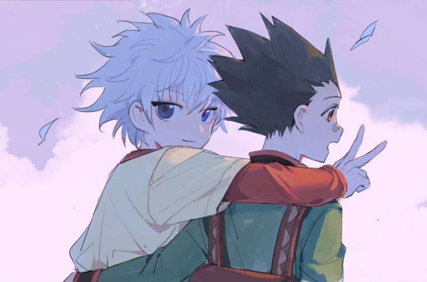 2boys arm_over_shoulder backpack bag bandaid bandaid_on_face bandaid_on_nose black_hair blue_eyes brown_eyes closed_mouth clouds gon_freecss hair_between_eyes highres hunter_x_hunter jacket kiko killua_zoldyck layered_sleeves long_sleeves looking_at_viewer looking_back male_focus multiple_boys open_mouth outdoors sky spiky_hair upper_body v white_hair