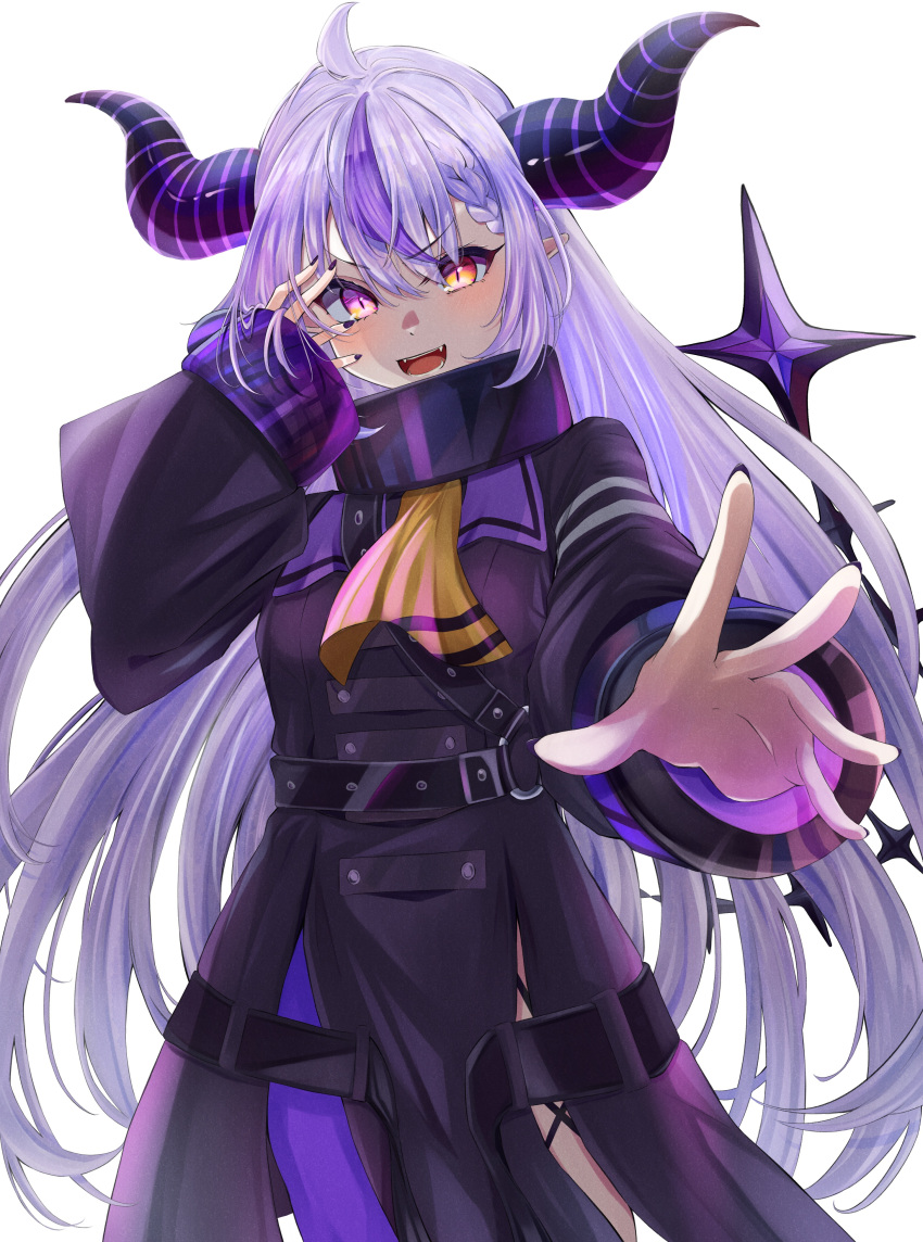 1girl absurdres ahoge black_coat black_horns black_nails braid braided_bangs breasts chuunibyou coat covering_one_eye demon_girl demon_horns double-parted_bangs frontrivers_kae glowing glowing_eye grey_hair highres hololive horns la+_darknesss la+_darknesss_(1st_costume) looking_at_viewer multicolored_hair neckerchief open_mouth pantyhose pointy_ears purple_hair purple_pantyhose single_leg_pantyhose sleeves_past_wrists slit_pupils small_breasts smile solo streaked_hair striped_horns trench_coat virtual_youtuber white_background yellow_eyes yellow_neckerchief