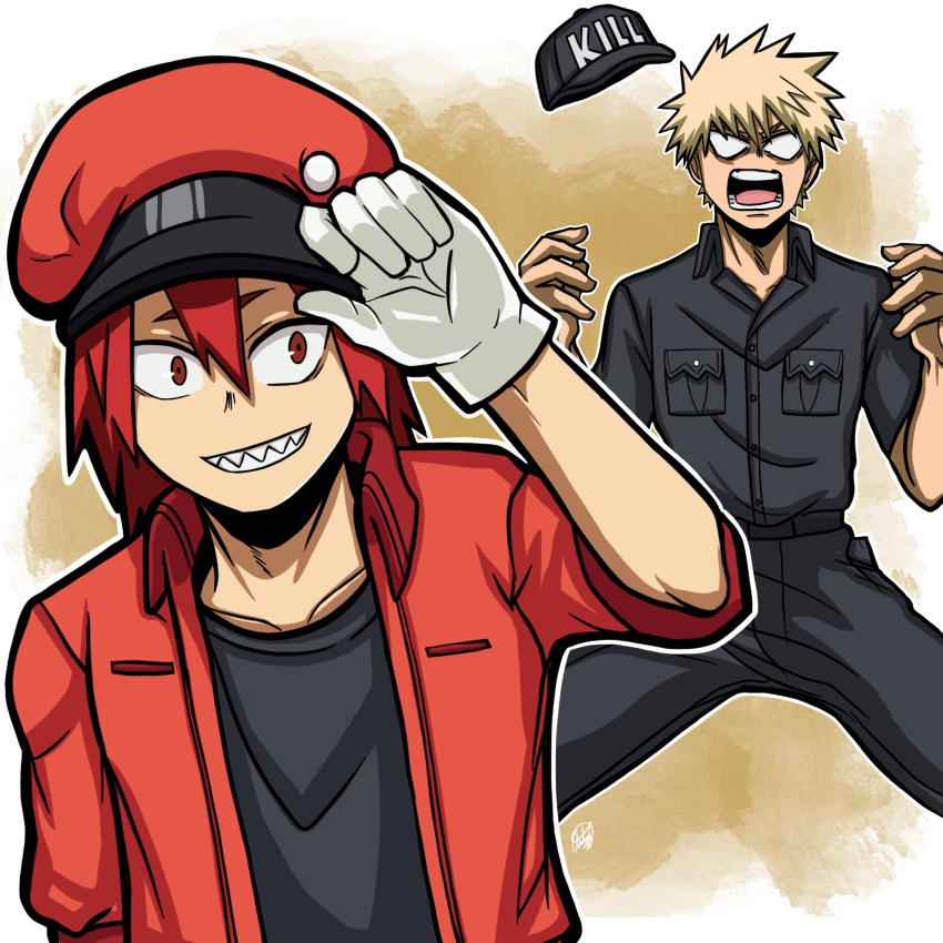 2boys adjusting_clothes adjusting_headwear ambarsenpai angry arm_at_side bakugou_katsuki baseball_cap black_headwear black_pants black_shirt blonde_hair boku_no_hero_academia breast_pocket brown_background cabbie_hat clothes_writing collarbone commentary constricted_pupils cosplay crossover dress_shirt english_commentary front_to_back gloves grin hand_up hands_up hat hat_removed hataraku_saibou headwear_removed highres jacket killer_t_(hataraku_saibou) killer_t_(hataraku_saibou)_(cosplay) kirishima_eijirou looking_at_viewer male_focus multiple_boys no_pupils open_clothes open_jacket open_mouth outline pants pocket red_blood_cell_(hataraku_saibou) red_blood_cell_(hataraku_saibou)_(cosplay) red_eyes red_headwear red_jacket redhead sanpaku sharp_teeth shirt short_sleeves shouting signature smile spiky_hair spread_legs t-shirt teeth upper_body v-shaped_eyebrows v-shaped_eyes w_arms white_gloves white_outline