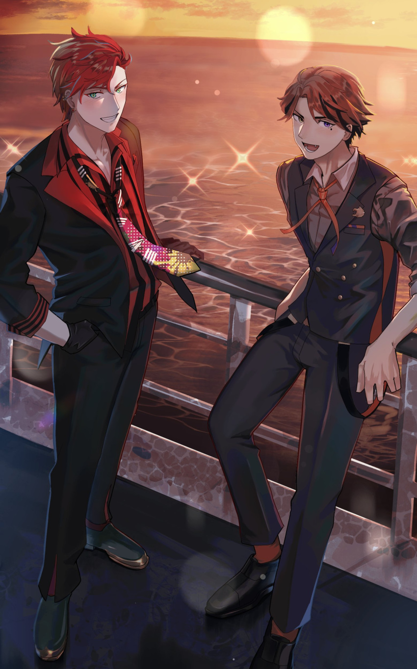2boys :d absurdres against_railing aqua_eyes black_footwear black_gloves black_hair black_jacket black_pants brown_vest collared_shirt ear_piercing earrings fang full_body gloves grey_shirt grin hand_in_pocket hand_on_railing heterochromia highres hizaki_gamma holostars jacket jewelry lapel_pin lens_flare light_blush loafers looking_at_viewer loose_necktie lower_teeth_only male_focus mole mole_under_eye multicolored_hair multicolored_necktie multiple_boys neck_ribbon necktie ocean open_clothes open_collar open_jacket orange_eyes orange_hair orange_ribbon orange_socks outdoors pants parted_bangs piercing railing red_shirt redhead ribbon shirt shirt_partially_tucked_in shoes short_hair sleeves_rolled_up smile socks sparkle standing streaked_hair striped striped_shirt sunset swept_bangs teeth thriller_romero two-tone_hair v-shaped_eyebrows vertical-striped_shirt vertical_stripes vest violet_eyes virtual_youtuber yukoku_roberu