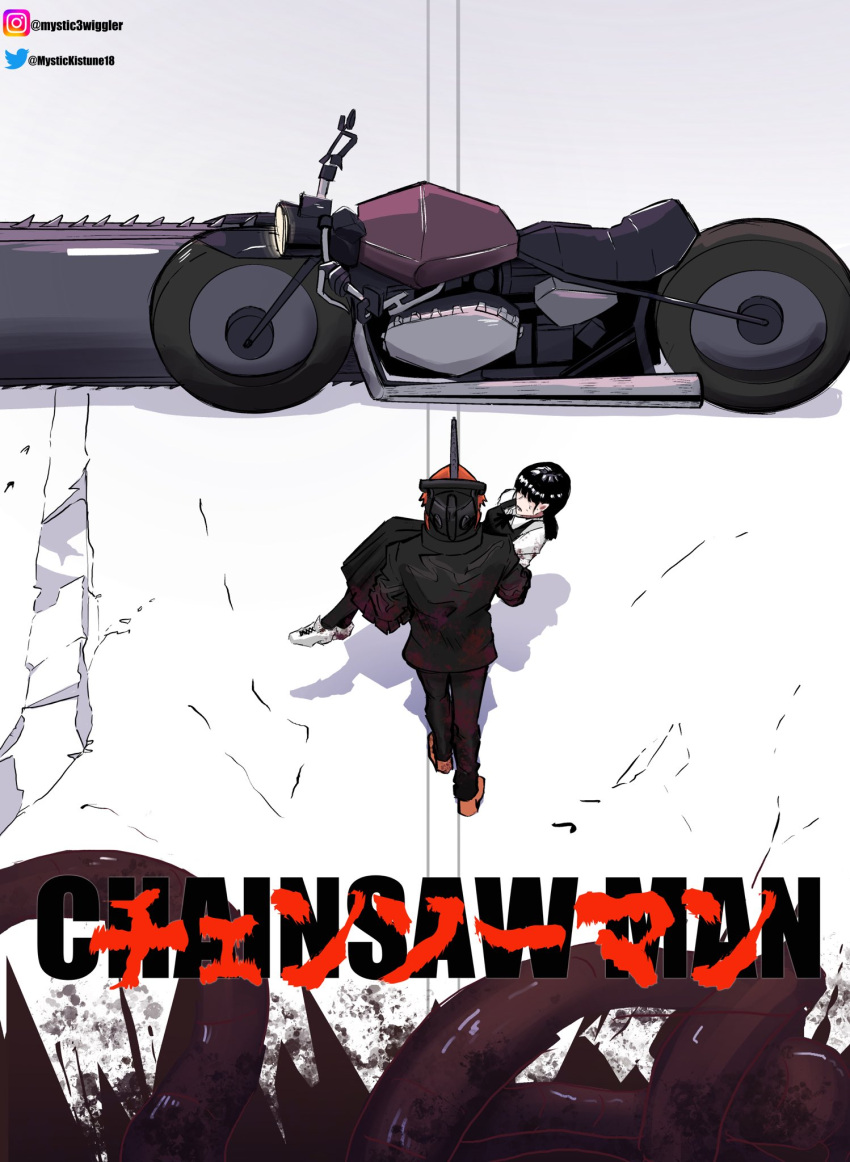 1boy 1girl akira akira_movie_poster black_dress black_hair blood blood_on_clothes carrying carrying_person chainsaw chainsaw_man character_name denji_(chainsaw_man) dress from_above from_behind hetero highres instagram_logo instagram_username long_dress long_sleeves mitaka_asa motor_vehicle motorcycle mystickistune18 open_mouth parody pinafore_dress school_uniform shadow sidelocks sleeveless sleeveless_dress twitter_logo twitter_username walking