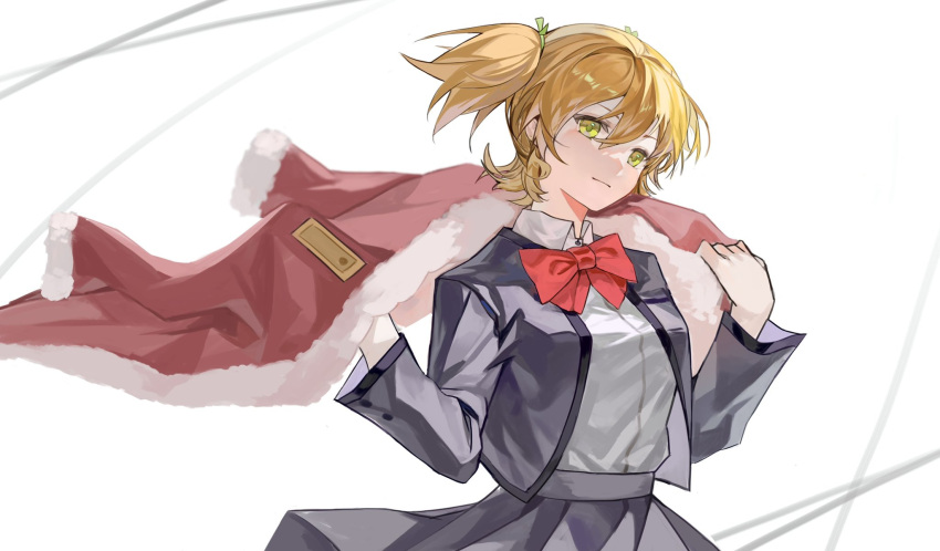 1girl blonde_hair bow bowtie chinese_commentary closed_mouth clothes_grab collared_shirt commentary_request cowboy_shot daiba_nana fur-trimmed_jacket fur_trim gezi_(gezi25889902) green_eyes green_ribbon grey_jacket grey_skirt hair_between_eyes hair_ribbon hands_up head_tilt high-waist_skirt highres jacket jacket_grab jacket_on_shoulders light_smile long_sleeves looking_away open_clothes open_jacket pleated_skirt red_bow red_bowtie red_jacket ribbon school_uniform seishou_music_academy_uniform shirt shirt_tucked_in short_hair short_twintails shoujo_kageki_revue_starlight simple_background skirt solo standing twintails white_background white_shirt