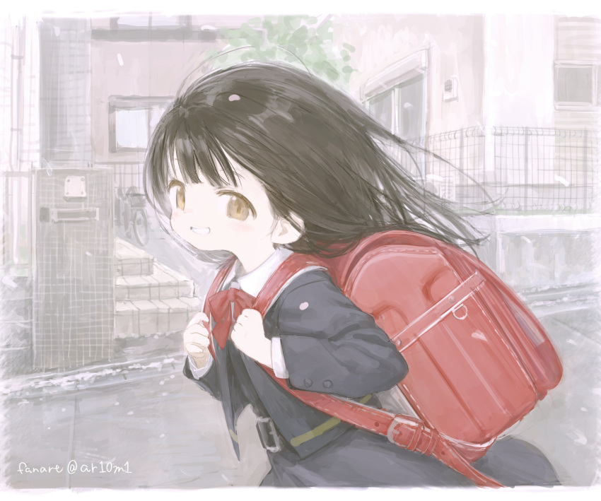 1girl backpack bag belt_buckle black_hair bow bowtie brown_eyes buckle building buttoned_cuffs child commentary_request day female_child from_side grey_jacket grey_skirt grin highres holding_strap jacket letterboxed long_hair long_sleeves looking_at_viewer looking_to_the_side original outdoors pale_color randoseru red_bag red_bow red_bowtie running school_uniform sho_(sho_lwlw) skirt smile solo upper_body