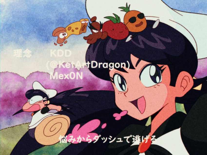 1990s_(style) 1girl :3 artist_name black_hair black_shirt black_undershirt borrowed_design brooch bulging_eyes c: cheese cheese_toppin_(pizza_tower) chef_hat cherry_blossoms chibi commentary dust_cloud english_commentary food fruit genderswap genderswap_(mtf) hat jewelry long_hair looking_at_viewer mex0n mushroom mushroom_toppin_(pizza_tower) open_mouth peppina_and_the_magical_tower_of_pizza peppina_ramen pineapple pineapple_toppin_(pizza_tower) pizza_tower projected_inset red_brooch retro_artstyle sausage sausage_toppin_(pizza_tower) shirt smile sunglasses tears thick_eyebrows tomato tomato_toppin_(pizza_tower) tree twintails twitter_username undershirt upper_body very_long_hair wheel_o_feet white_shirt