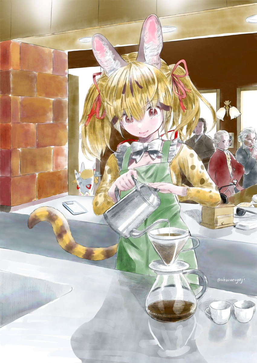 1girl aburaeoyaji animal_ears apron bow bowtie brown_eyes brown_hair cafe cat_ears cat_girl cat_tail coffee coffee_cup cup disposable_cup extra_ears highres kemono_friends kemono_friends_v_project large-spotted_genet_(kemono_friends) long_hair ribbon shirt tail twintails virtual_youtuber