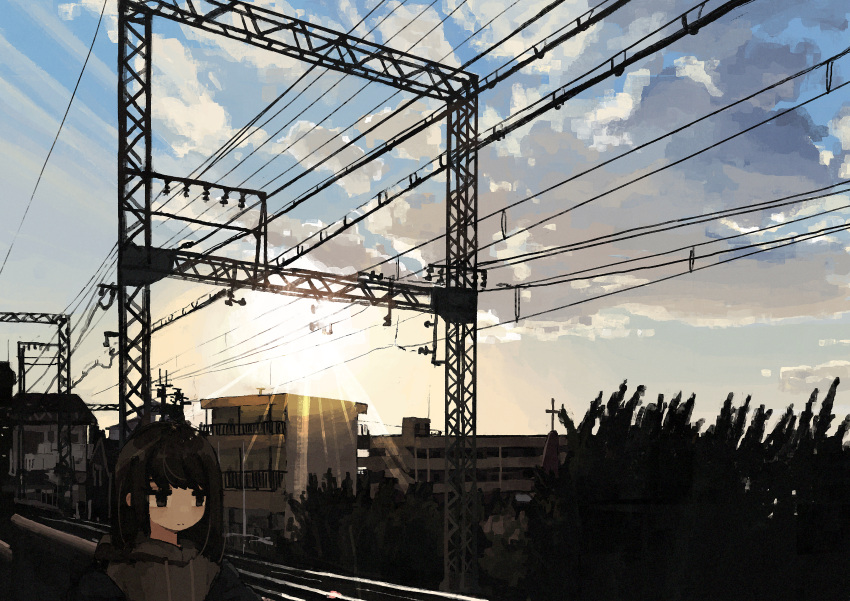 1girl absurdres apartment black_eyes black_hair black_jacket blue_sky building city clouds cloudy_sky commentary expressionless foliage gradient_sky grey_hoodie half-closed_eyes highres hood hood_down hoodie jacket jacket_partially_removed light_rays looking_ahead medium_hair original outdoors power_lines railroad_tracks scenery sky solo sun sunbeam sunlight twilight uniunimikan upper_body yellow_sky