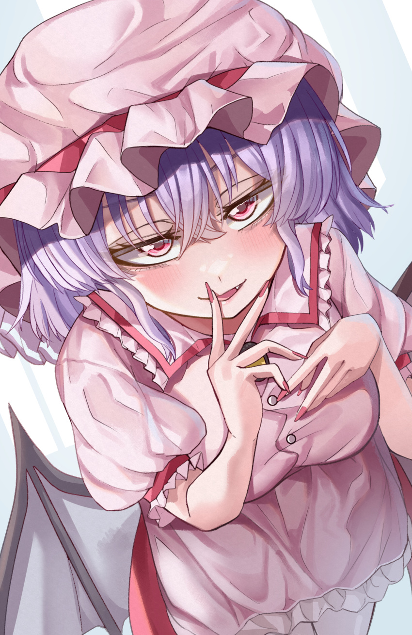 1girl absurdres bat_wings blush breasts dress fingernails from_above hat highres long_fingernails looking_at_viewer looking_up maboroshi_mochi mob_cap nail_polish pink_dress pink_headwear pink_nails purple_hair red_eyes red_nails remilia_scarlet seductive_smile short_sleeves smile solo touhou white_background wings