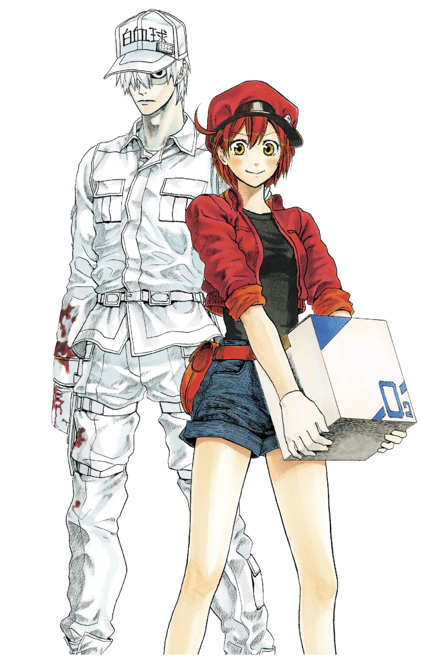 1boy 1girl ae-3803 ahoge arms_at_sides baseball_cap belt black_eyes black_shirt blood blood_on_clothes blood_on_hands blue_shorts blush box breast_pocket breasts cabbie_hat cardboard_box clenched_hand closed_mouth clothes_writing cropped_jacket denim denim_shorts empty_eyes fanny_pack feet_out_of_frame frown full_body gloves hair_between_eyes hair_over_one_eye hat hataraku_saibou height_difference highres holding holding_box jacket light_frown looking_at_viewer non-web_source official_art open_clothes open_jacket package pale_skin pocket red_bag red_belt red_blood_cell_(hataraku_saibou) red_headwear red_jacket redhead sanpaku shaded_face shimizu_akane_(artist) shirt short_hair short_shorts short_sleeves shorts simple_background small_breasts smile socks solo standing t-shirt taut_clothes taut_shirt u-1146 uniform v-shaped_eyebrows white_background white_belt white_blood_cell_(hataraku_saibou) white_gloves white_hair white_headwear white_shirt yellow_eyes
