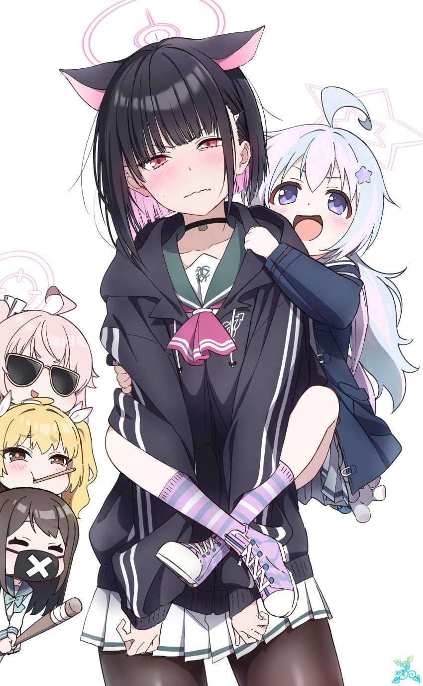5girls absurdres ahoge airi_(blue_archive) animal_ears ascot black_choker black_hair black_hoodie black_pantyhose blonde_hair blue_archive blue_hair blue_jacket blue_socks blush brown_eyes brown_hair carrying cat_choker cat_ears chibi chibi_inset choker closed_mouth colored_inner_hair commentary drawstring food_in_mouth green_sailor_collar grey_skirt hair_ornament halo highres hood hood_down hoodie jacket kazusa_(blue_archive) light_blue_hair makicha_(sasurainopink) making-of_available mask mouth_mask multicolored_hair multiple_girls natsu_(blue_archive) open_mouth pantyhose piggyback pink_ascot pink_eyes pink_footwear pink_hair pink_halo pink_socks pleated_skirt reisa_(blue_archive) sailor_collar simple_background skirt socks star_(symbol) star_hair_ornament star_halo striped striped_socks stuffed_animal stuffed_toy sunglasses v-shaped_eyebrows wavy_mouth white_background white_skirt white_socks yoshimi_(blue_archive)