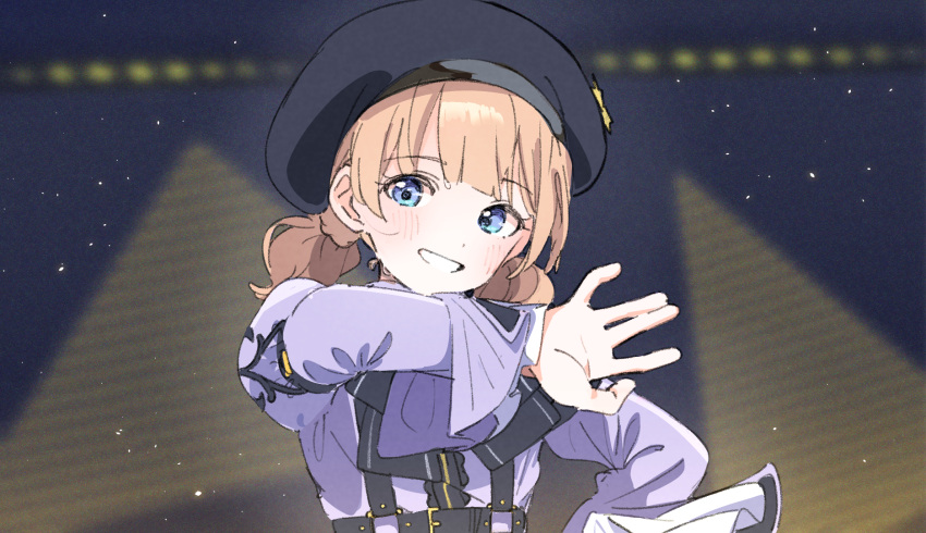 1girl alternate_hairstyle beret black_bow black_bowtie black_headwear blue_eyes blurry blurry_background blush bow bowtie center_frills commentary_request dancing film_grain frilled_sleeves frills grin hand_up hat highres idolmaster idolmaster_million_live! juliet_sleeves light_brown_hair light_particles long_sleeves looking_at_viewer low_twintails meeeeeeco359 official_alternate_costume puffy_sleeves purple_shirt shirt short_twintails sleeve_garter smile solo stage suou_momoko suspenders sweat twintails upper_body wide_sleeves