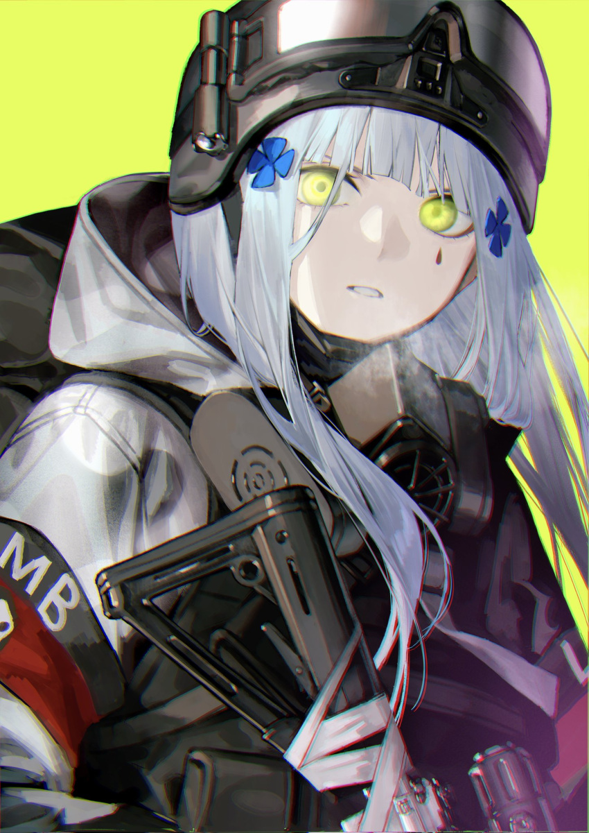 1girl assault_rifle blue_hair commentary english_commentary facial_mark girls_frontline glowing glowing_eyes green_background green_eyes gun hair_ornament helmet highres hk416_(fang)_(girls'_frontline) hk416_(girls'_frontline) hood hood_down hooded_jacket jacket long_hair looking_at_viewer mask mask_around_neck mik_blamike official_alternate_costume parted_lips respirator rifle simple_background solo tactical_clothes tom_clancy's_the_division upper_body weapon white_jacket