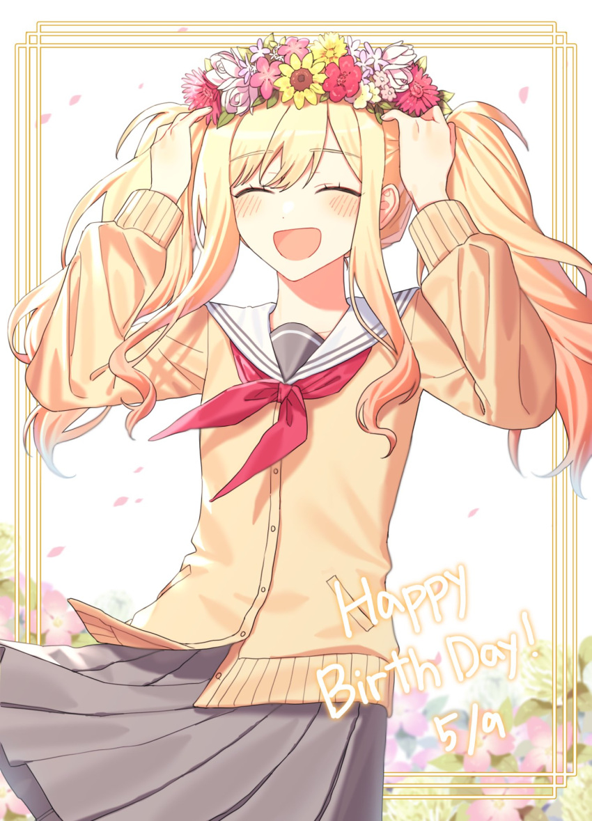 1girl blonde_hair border cardigan closed_eyes cocov commentary_request flower flower_wreath gradient_hair grey_skirt happy_birthday highres korean_commentary long_hair long_sleeves miyamasuzaka_girls'_academy_school_uniform multicolored_hair neckerchief open_mouth pink_flower pink_hair project_sekai red_neckerchief sailor_collar school_uniform sidelocks skirt solo sunflower tenma_saki twintails yellow_cardigan