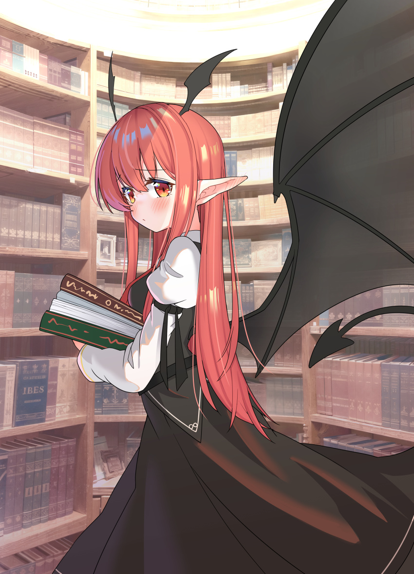 1girl :/ absurdres bat_wings black_armband black_skirt black_vest black_wings blush book book_stack bookshelf breasts collared_shirt commentary_request cowboy_shot demon_tail dress_shirt ear_blush from_side hair_between_eyes head_wings highres holding holding_book juliet_sleeves koakuma large_wings library long_hair long_sleeves looking_at_viewer looking_to_the_side necktie no_nose pointy_ears puffy_sleeves red_eyes red_necktie redhead shirt skirt skirt_set small_breasts solo tail touhou vest voile white_shirt wings wuzeiiezuw