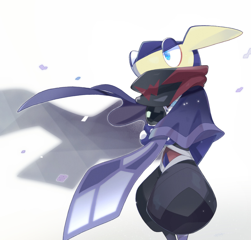 1boy black_pants blue_cape blue_eyes blue_flower blue_skin cape clothed_pokemon colored_skin commentary_request covered_mouth crossed_arms falling_petals fins flower frog_boy furry furry_male greninja half-closed_eyes head_fins highres kiki_(431642) looking_to_the_side male_focus multicolored_skin muneate ninja outline pants partial_commentary petals pokemon pokemon_(creature) puffy_pants purple_flower red_scarf scarf simple_background solo two-tone_skin white_background white_outline yellow_skin