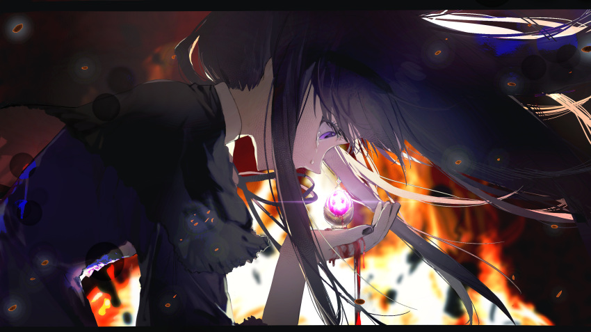 1girl abstract_background akemi_homura baba2499 black_capelet black_dress black_hairband black_nails blood blood_on_hands capelet covered_mouth crying crying_with_eyes_open dress dripping embers fire floating_hair frilled_capelet frills from_side glint glowing hairband highres hunched_over letterboxed long_hair looking_at_object mahou_shoujo_madoka_magica nail_polish pink_gemstone profile purple_hair solo soul_gem tears upper_body violet_eyes wide-eyed