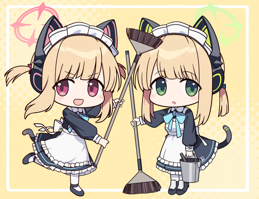 2girls :d :o animal_ear_headphones animal_ears apron bell_(oppore_coppore) black_dress black_footwear blonde_hair blue_archive blue_bow bow broom brown_background bucket chibi collared_dress commentary_request dress fake_animal_ears frilled_apron frills hair_bow halftone halftone_background halo headphones highres holding holding_broom holding_bucket long_sleeves maid maid_apron maid_headdress midori_(blue_archive) midori_(maid)_(blue_archive) momoi_(blue_archive) momoi_(maid)_(blue_archive) multiple_girls pantyhose parted_lips pink_eyes puffy_long_sleeves puffy_sleeves red_bow shoes siblings sisters smile standing standing_on_one_leg tail twins twintails white_apron white_pantyhose