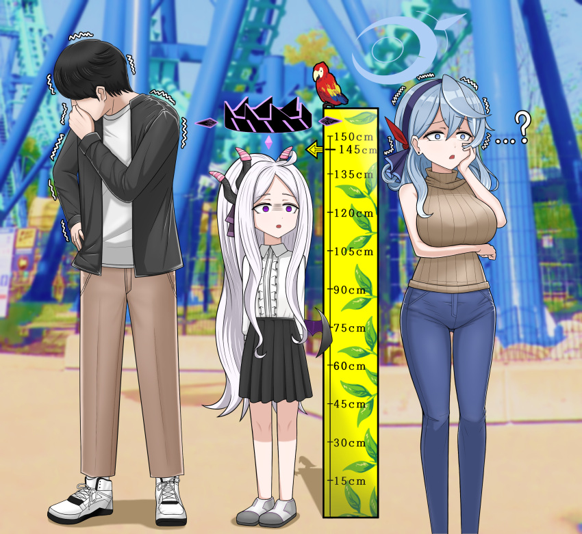 1boy 2girls absurdres ahoge ako_(blue_archive) alternate_costume amusement_park bird black_hair black_jacket black_skirt blue_archive blue_eyes blue_hair blue_pants blunt_bangs blurry breast_hold breasts brown_pants casual commentary_request covered_horns demon_girl demon_horns demon_wings denim depth_of_field earrings faceless faceless_male forehead full_body hair_ribbon hairband halo hand_on_own_cheek hand_on_own_face height_chart height_difference highres hina_(blue_archive) horns jacket jewelry littlefunny long_hair long_sleeves looking_at_viewer multiple_girls open_clothes open_jacket outdoors pants parted_lips pleated_skirt ponytail ribbed_sweater ribbon roller_coaster sensei_(blue_archive) shirt shoes sidelocks skirt sleeveless sleeveless_turtleneck sneakers standing stifled_laugh surprised sweater trembling turtleneck violet_eyes wavy_hair white_hair white_shirt wide-eyed wings