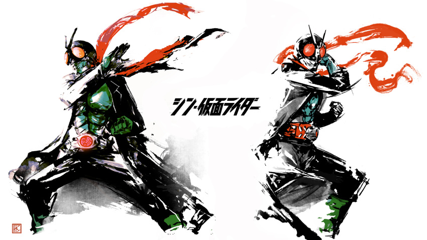 2boys antennae black_coat bug coat commentary_request fighting_stance floating_scarf gloves grasshopper green_gloves helmet highres kamen_rider kamen_rider_(1st_series) kamen_rider_1 kamen_rider_1_(shin) kamen_rider_2 kamen_rider_2_(shin) multiple_boys paparaya red_eyes red_scarf rider_belt scarf shin_kamen_rider tokusatsu typhoon_(kamen_rider)