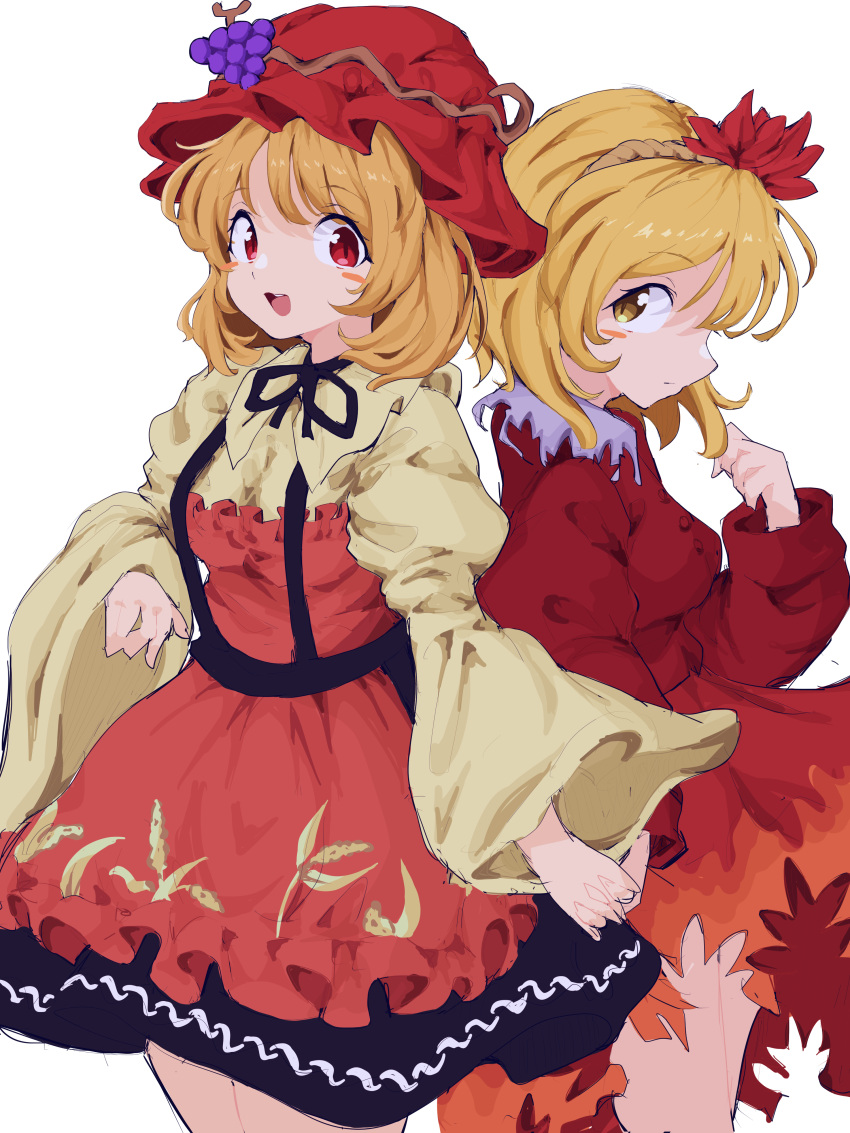 2girls absurdres aki_minoriko aki_shizuha apron blonde_hair blush_stickers breasts commentary_request cowboy_shot food fruit fruit_hat_ornament grape_hat_ornament grapes hair_ornament hat highres holding_hands leaf leaf_cutout leaf_hair_ornament leaf_on_head looking_at_viewer mob_cap mugi_(mugimugi_9kv) multiple_girls neck_ribbon open_mouth orange_eyes red_apron red_eyes ribbon siblings sisters skirt smile touhou wheat_print white_background wide_sleeves