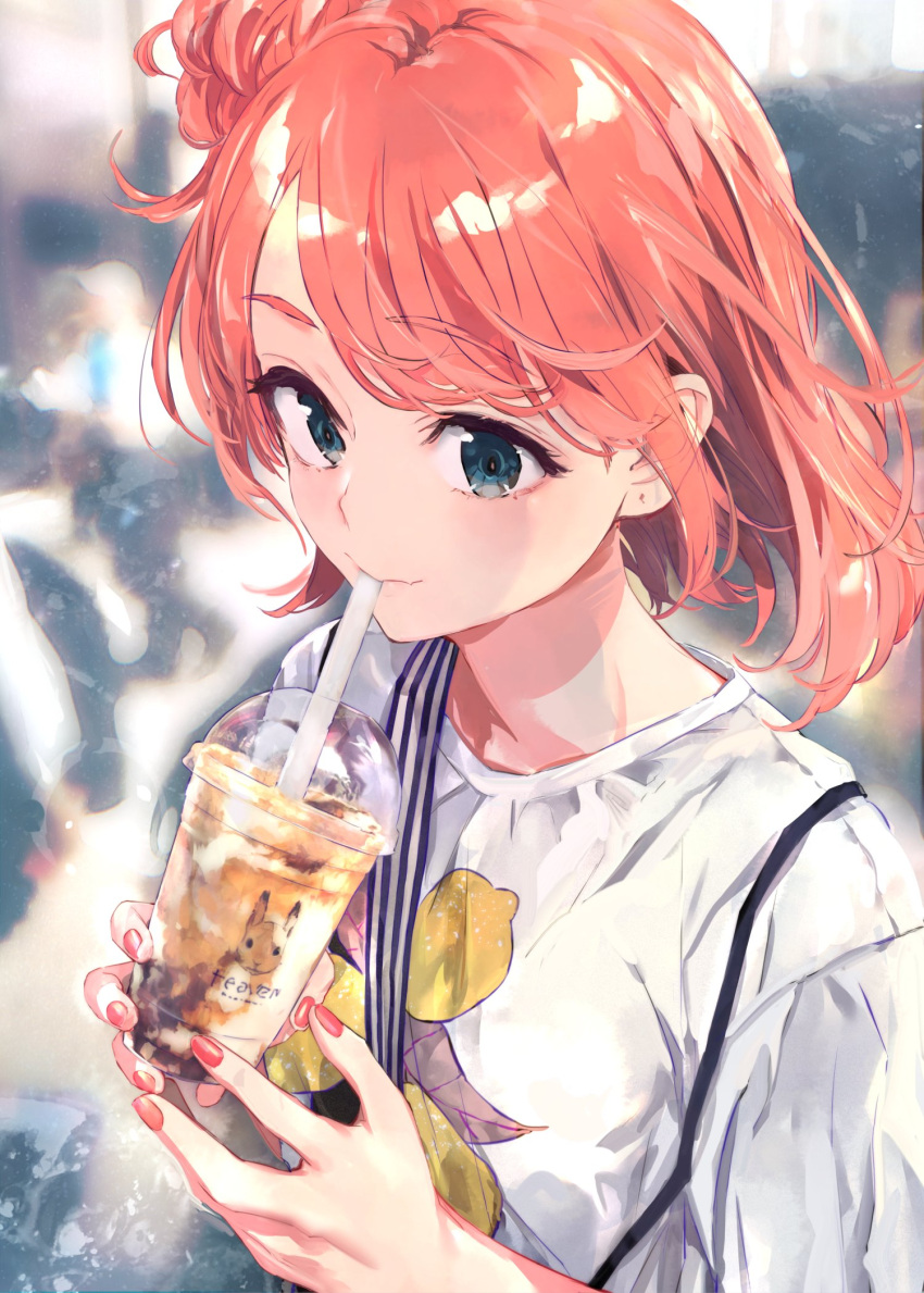 1girl blue_eyes blurry blurry_background bubble_tea commentary_request cup drinking_straw drinking_straw_in_mouth fingernails hair_bun highres holding holding_cup nail_polish ponkan_8 red_nails redhead revision shirt short_hair single_side_bun solo suspenders t-shirt upper_body white_shirt yahari_ore_no_seishun_lovecome_wa_machigatteiru. yuigahama_yui