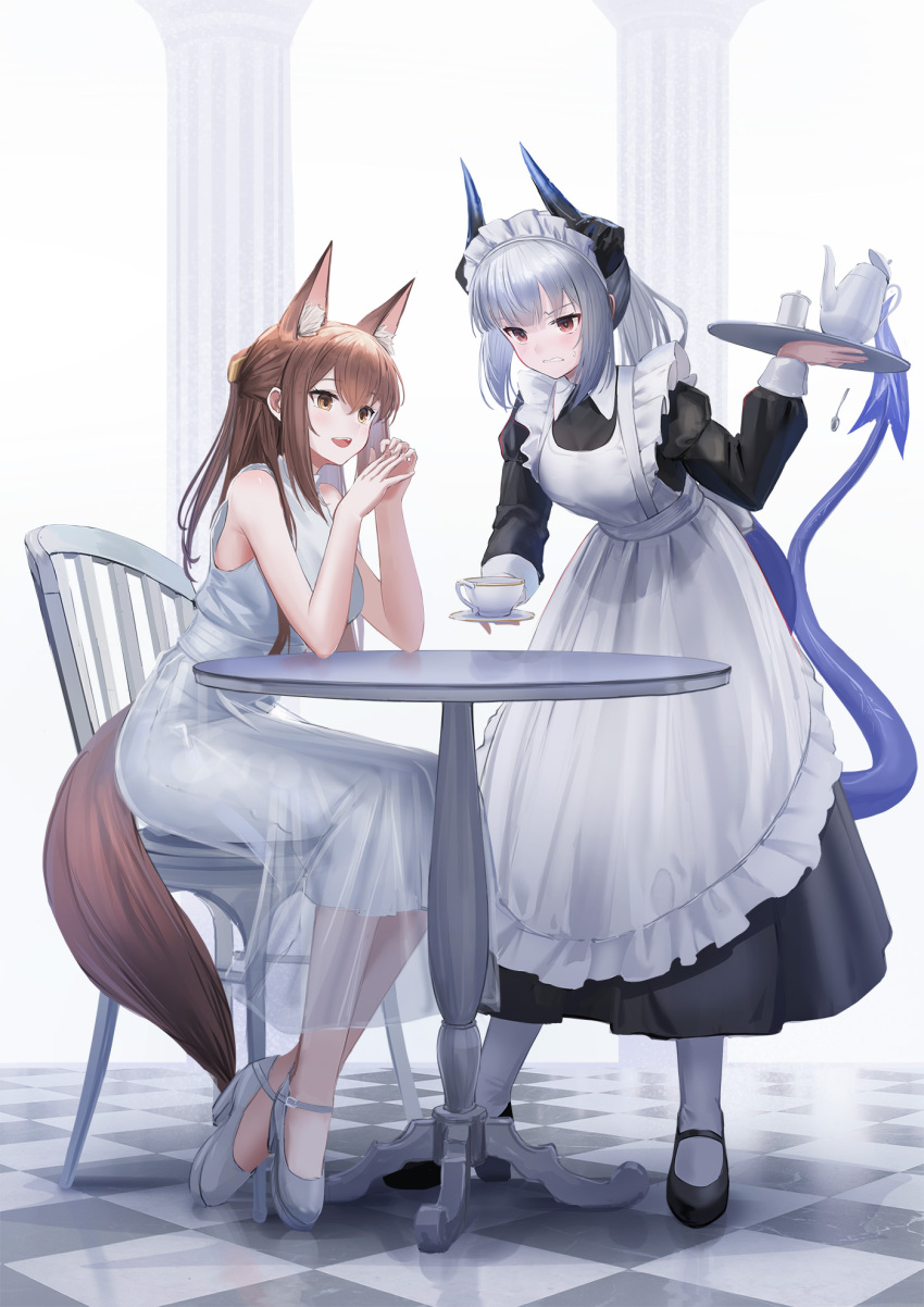 2girls :d alternate_costume angry animal_ear_fluff animal_ears apron arknights bare_shoulders black_dress black_footwear brown_eyes brown_hair chair closed_mouth collared_dress commentary_request cup dragon_girl dragon_horns dragon_tail dress enmaided fox_ears fox_girl fox_tail franka_(arknights) full_body grey_hair high_heels highres holding holding_tray horns juliet_sleeves liskarm_(arknights) long_hair long_sleeves maid maid_apron maid_headdress multiple_girls open_mouth own_hands_together pantyhose puffy_sleeves saucer serving sidelocks sitting sleeveless sleeveless_dress smile sthk sweatdrop table tail teacup teapot teaspoon tray white_apron white_dress white_footwear white_pantyhose
