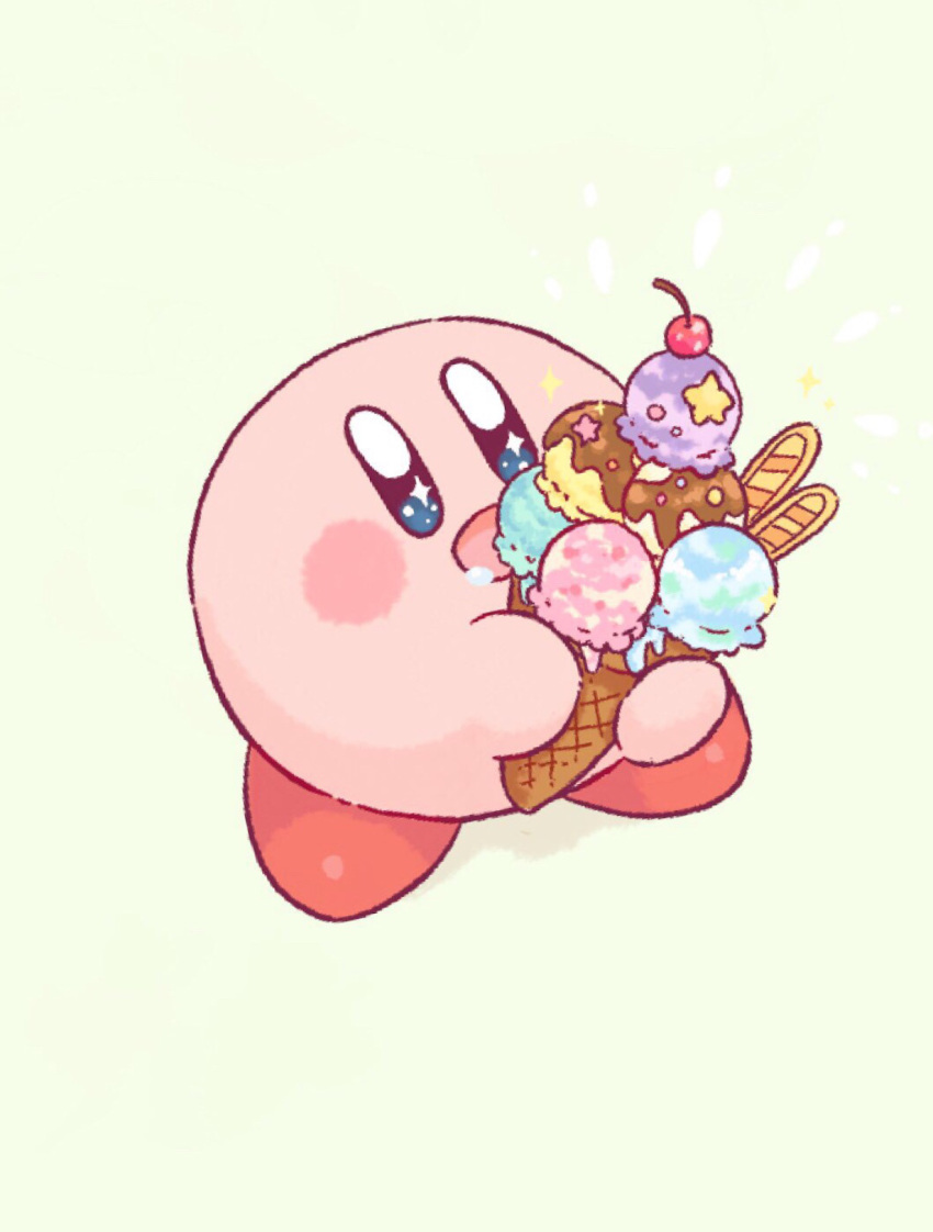 blue_eyes blush blush_stickers cherry commentary_request drooling food fruit grey_background harukui highres holding holding_food holding_ice_cream ice_cream ice_cream_cone kirby kirby_(series) no_humans notice_lines open_mouth simple_background smile solo sparkle sprinkles star_(symbol) symbol_in_eye wafer_stick