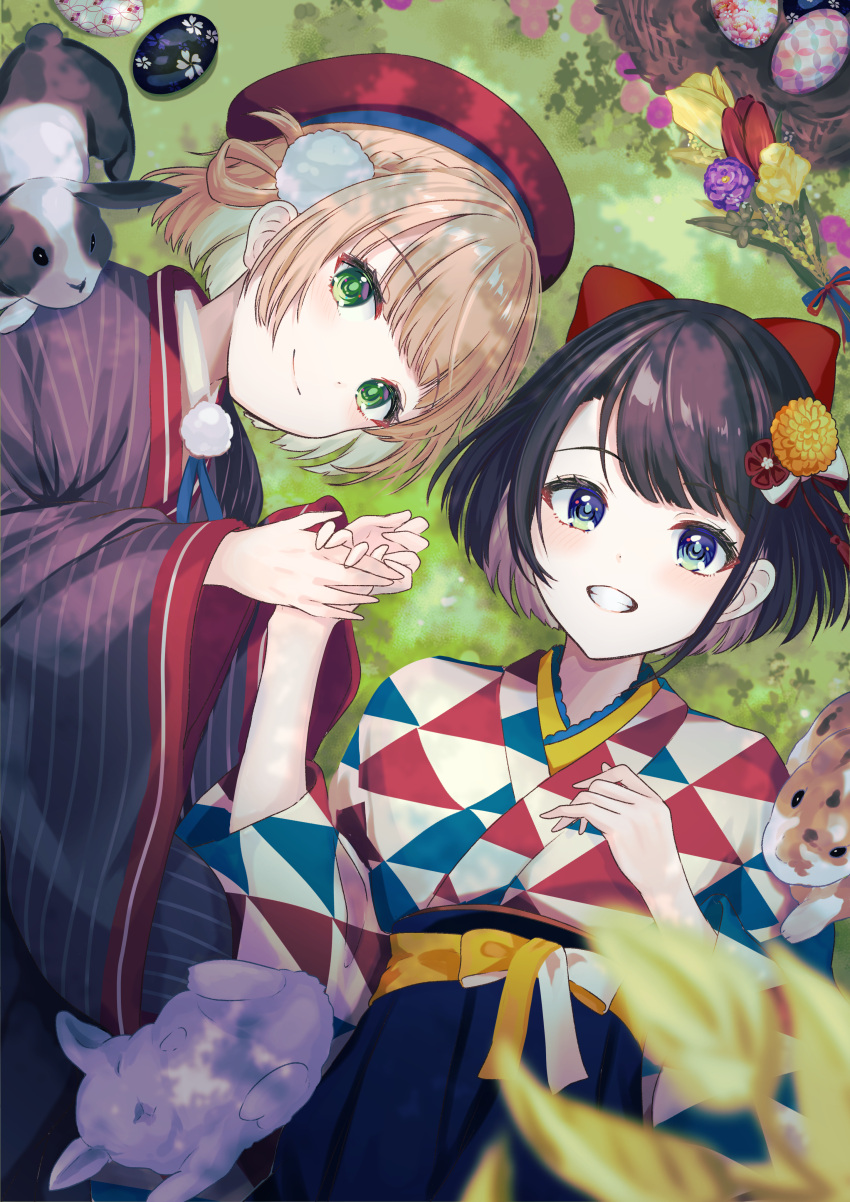 2girls absurdres animal beret black_hair blonde_hair blue_eyes blue_hakama blue_ribbon blunt_bangs bow braid cowlick dot_nose easter easter_egg egg flower green_eyes hair_bow hair_ornament hair_rings hakama hakama_skirt harusame349 hat high-waist_skirt highres holding_hands hololive indie_virtual_youtuber jacket japanese_clothes kanzashi kimono looking_at_viewer lying multiple_girls neck_ribbon obi official_alternate_costume on_back oozora_subaru oozora_subaru_(4th_costume) outdoors pom_pom_(clothes) pom_pom_hair_ornament print_kimono rabbit red_bow red_sailor_collar red_sleeves ribbon sailor_collar sash shigure_ui_(vtuber) short_hair side_braid skirt sleeping_animal smile striped striped_jacket uroko_(pattern) vertical-striped_jacket vertical_stripes virtual_youtuber wide_sleeves yellow_sash