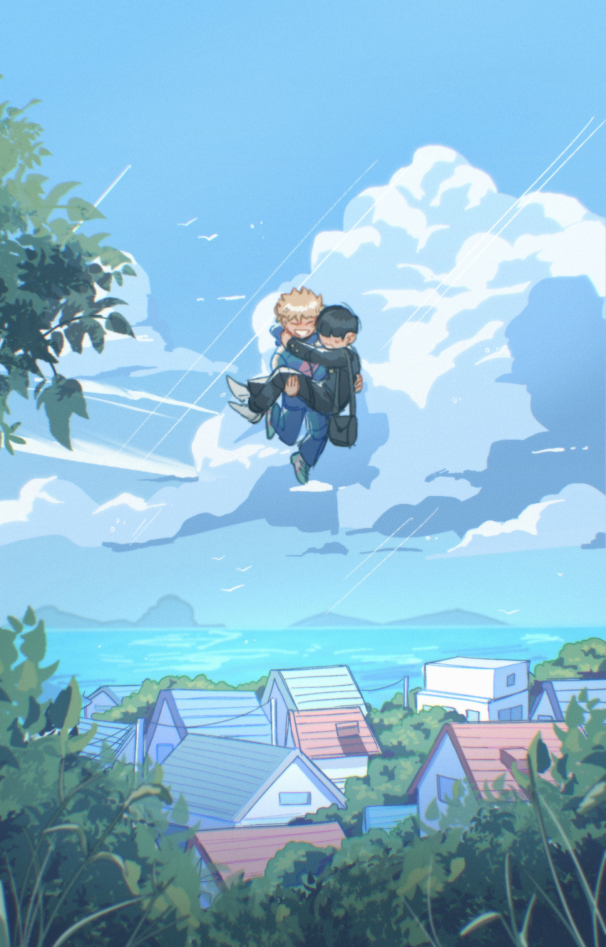 2boys absurdres bag black_hair blonde_hair blue_sky building carrying closed_eyes clouds commentary day english_commentary floating gakuran hanazawa_teruki highres jacket kageyama_shigeo long_sleeves male_focus mob_psycho_100 mp100days multiple_boys open_mouth outdoors pants princess_carry scenery school_uniform shoes short_hair sky smile water