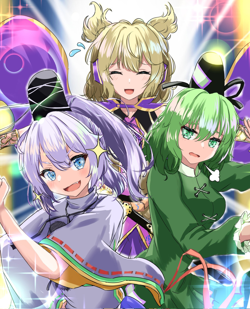 3girls :d black_headwear blue_eyes breasts closed_eyes commentary_request cross-laced_clothes dress earmuffs fang flying_sweatdrops futari_wa_precure futari_wa_precure_max_heart green_dress green_eyes green_hair grey_hair hat highres japanese_clothes kariginu lens_flare lobstrater64 long_hair long_sleeves looking_at_viewer medium_hair mononobe_no_futo multiple_girls open_mouth ponytail precure ribbon-trimmed_sleeves ribbon_trim smile soga_no_tojiko sword tate_eboshi touhou toyosatomimi_no_miko upper_body weapon wide_sleeves