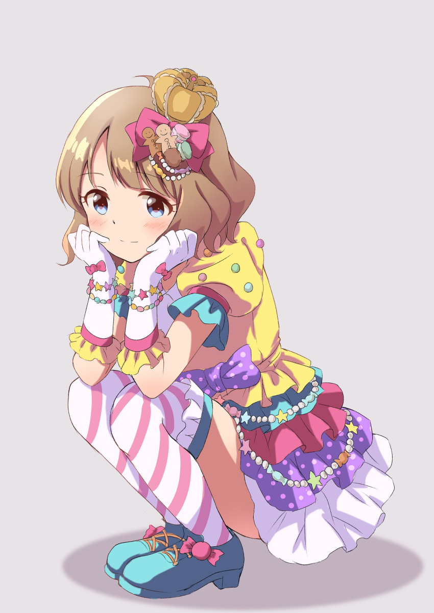 1girl ahoge belly_chain blue_eyes blush brown_hair candy closed_mouth crown dress elbows_on_knees food from_side full_body gem gloves grey_background hair_ornament hair_ribbon head_rest high_heels highres idolmaster idolmaster_million_live! idolmaster_million_live!_theater_days jewelry layered_dress looking_at_viewer mini_crown multicolored_clothes multicolored_dress pearl_(gemstone) pink_ribbon polka_dot puffy_short_sleeves puffy_sleeves purple_ribbon ribbon short_hair short_sleeves simple_background smile solo squatting star_(symbol) striped striped_thighhighs suou_momoko thigh-highs white_gloves white_thighhighs yukipo_p_(ss900yellowducati)