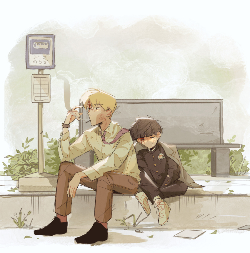 2boys bench black_eyes black_footwear black_hair blonde_hair blood blood_on_face brown_pants bus_stop closed_eyes closed_mouth collared_shirt commentary gakuran hand_up highres jacket jacket_on_shoulders kageyama_shigeo korean_commentary long_sleeves male_focus mob_psycho_100 mp100days multiple_boys necktie outdoors pants pink_necktie reigen_arataka school_uniform shirt shoes short_hair sign sitting sleeping sleeping_on_person sleeping_upright smoke smoking sneakers white_footwear