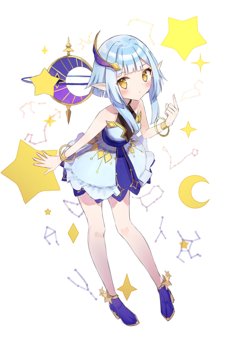 1girl bare_legs blue_dress blue_footwear blue_hair blush cloak_removed constellation crescent dress english_commentary eversoul frilled_skirt frills hair_ornament highres looking_at_viewer pointing pointing_up pointy_ears short_hair skirt sleeveless solo star_(symbol) tagme talia_(eversoul) white_background yaminava yellow_eyes
