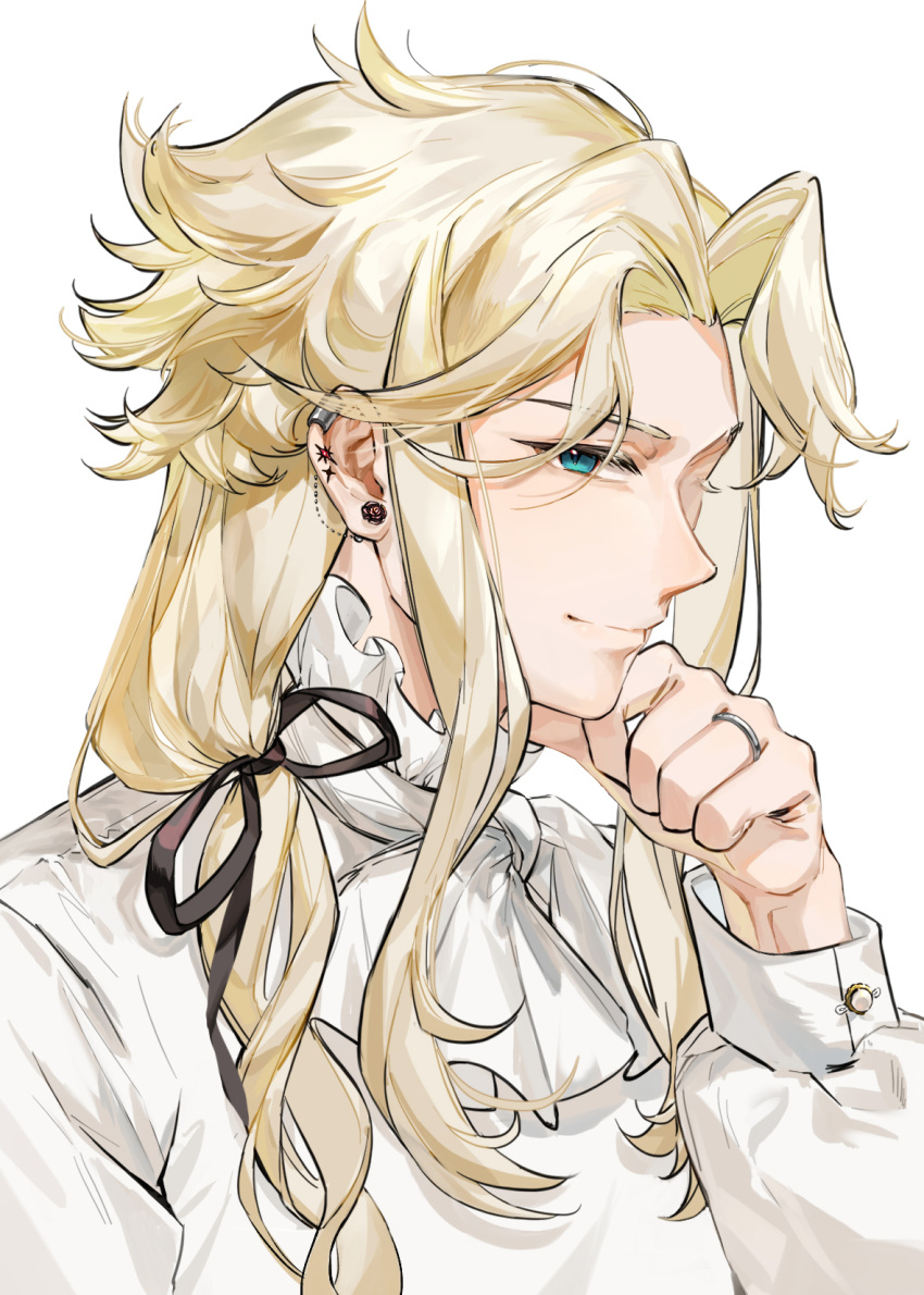 1boy black_ribbon blonde_hair blue_eyes bow bowtie commentary cookie_run ear_chain ear_piercing earclip earrings flower_earrings frilled_shirt_collar frills gem hair_over_shoulder hair_ribbon hand_on_own_chin highres humanization jewelry long_hair long_sleeves looking_at_viewer low_ponytail madeleine_cookie male_focus parted_bangs pearl_(gemstone) piercing profile ribbon ring shirt sideways_glance simple_background smile solo symbol-only_commentary upper_body white_background white_bow white_bowtie white_shirt zzhenpotatochips