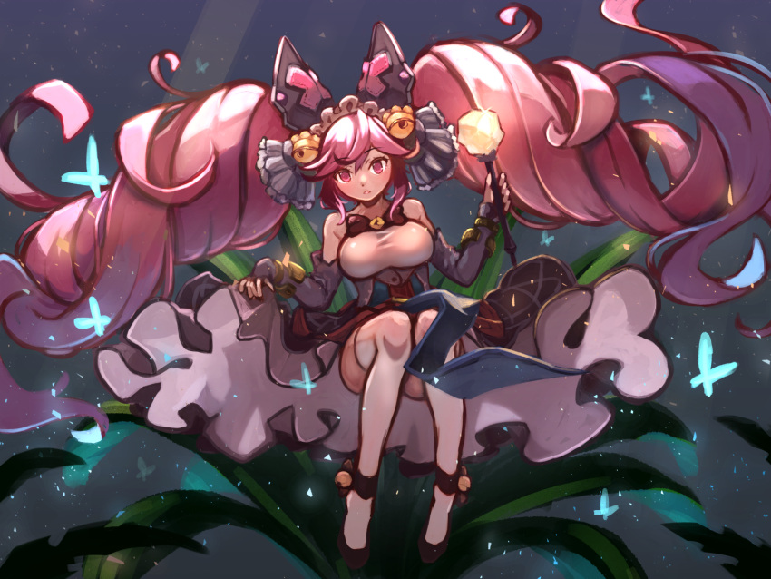 1girl bell big_hair blue_hair breasts cleo_(dragalia_lost) dragalia_lost dress drill_hair full_body hair_bell hair_ornament highres holding holding_wand long_hair looking_at_viewer miya_(miyaruta) multicolored_hair parted_lips pink_eyes pink_hair solo thigh-highs twin_drills twintails two-tone_hair very_long_hair wand white_thighhighs