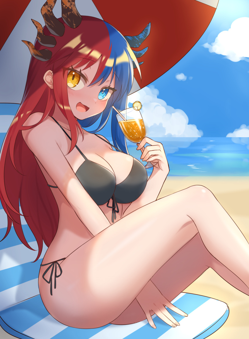 1girl bare_arms bare_legs bare_shoulders beach bikini black_bikini blue_eyes blue_hair blue_horns blush breasts bright_pupils chair cup dragon_girl dragon_horns drinking_glass drinking_straw heterochromia highres horns inferna_dragnis large_breasts long_hair looking_at_viewer multicolored_hair non-web_source ocean on_chair orange_eyes orange_horns orange_juice original outdoors pale_skin redhead sand scenery sitting smile solo split-color_hair swimsuit symbol-shaped_pupils two-tone_hair umbrella usagi1923 water white_pupils