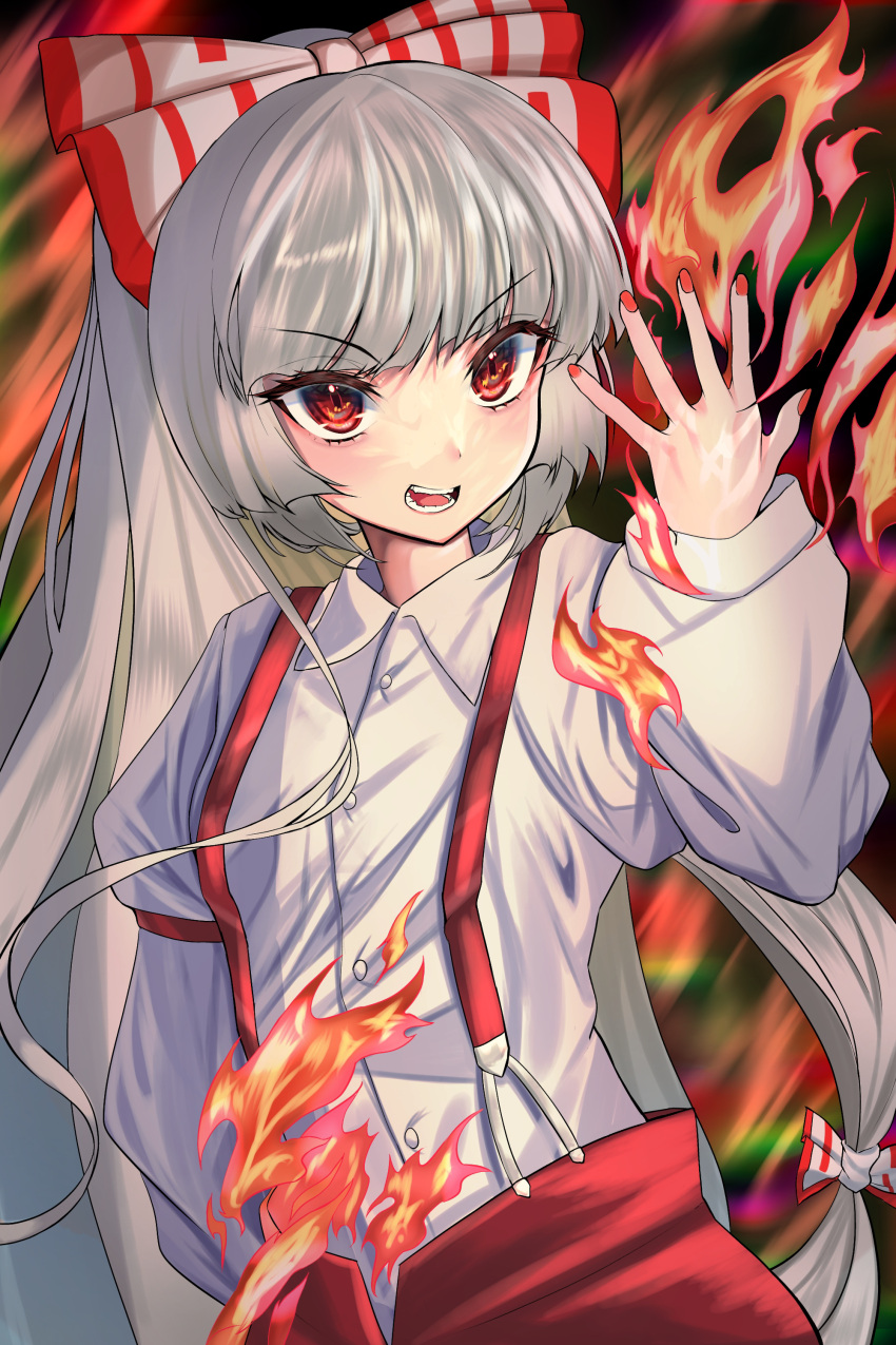 1girl absurdres blunt_bangs bow collared_shirt commentary fire fujiwara_no_mokou grey_hair hair_bow highres long_hair long_sleeves looking_at_viewer nyarocks open_mouth pants red_eyes red_nails red_pants shirt solo suspenders touhou upper_body v-shaped_eyebrows white_bow white_shirt