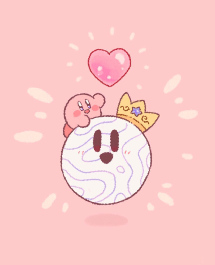 2others :d arm_up blue_eyes blush blush_stickers commentary_request crown harukui heart highres kirby kirby_(series) looking_at_viewer no_humans notice_lines on_head open_mouth pink_background simple_background smile star_(symbol) tilted_headwear void_soul