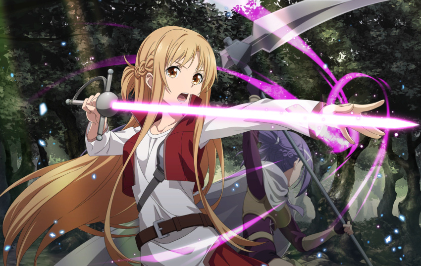2girls asuna_(sao) black_gloves braid brown_eyes collarbone cropped_jacket fighting fingerless_gloves floating_hair forest gloves holding holding_scythe holding_sword holding_weapon jacket light_brown_hair long_hair long_sleeves mito_(sao) multiple_girls nature open_clothes open_jacket open_mouth outdoors pleated_skirt ponytail purple_hair red_jacket red_skirt scythe shirt skirt sleeveless sleeveless_jacket sunlight sword sword_art_online sword_art_online_progressive very_long_hair weapon white_shirt