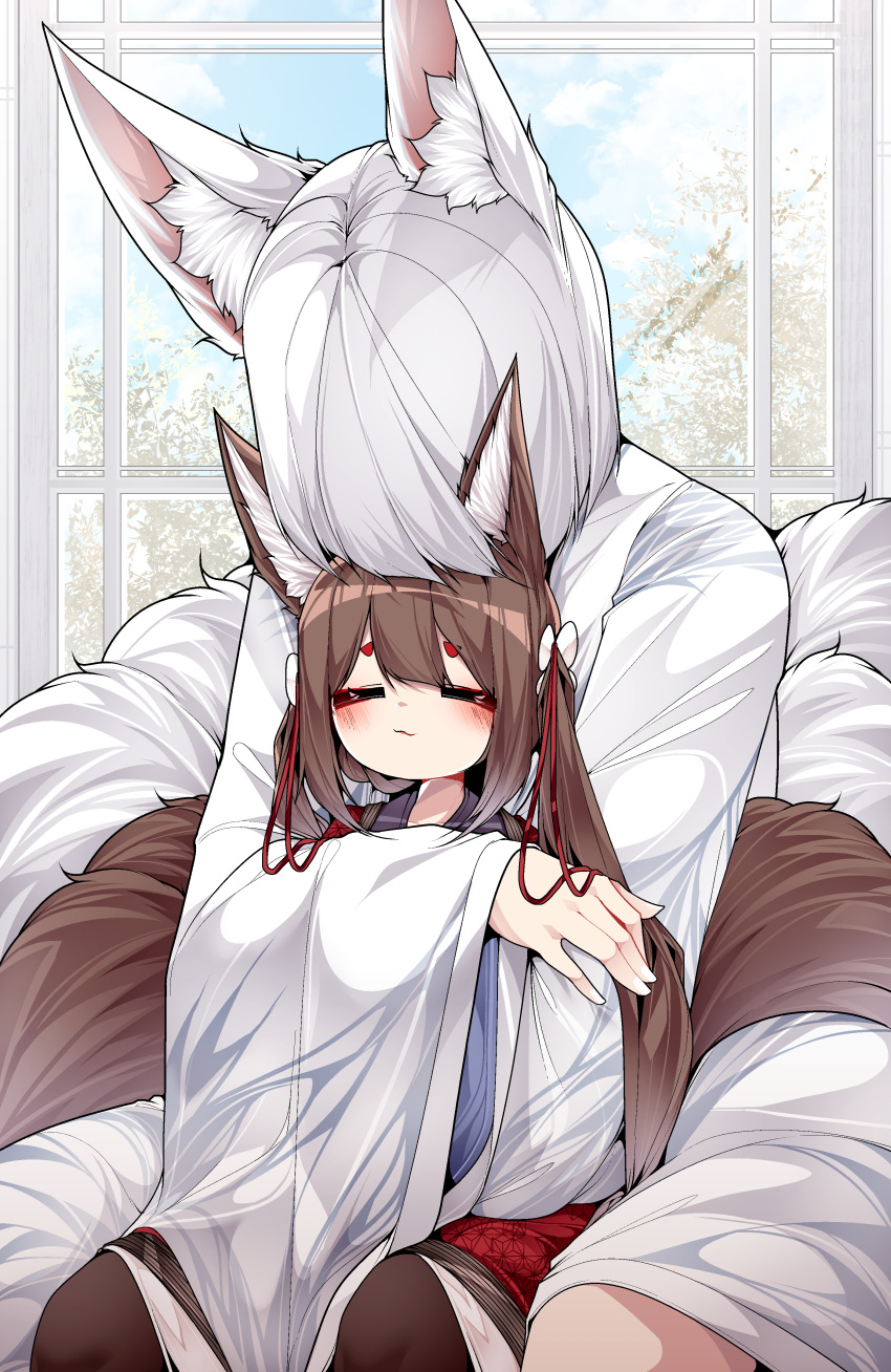 2girls =_= absurdres age_difference aged_down amagi-chan_(azur_lane) animal_ear_fluff animal_ears azur_lane blue_sky blunt_bangs blush brown_hair closed_eyes clouds cloudy_sky commentary covered_face dated_commentary fox_ears fox_girl fox_tail hair_ornament highres hug indoors japanese_clothes kaga_(azur_lane) kimono kitsune kyuubi long_hair multiple_girls multiple_tails samip short_hair sidelocks sky tail thick_eyebrows tree twintails white_hair wide_sleeves window
